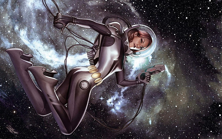 wanita mengenakan ilustrasi jas astronot, luar angkasa, Marvel Comics, The Avengers, astronot, seni luar angkasa, Wallpaper HD