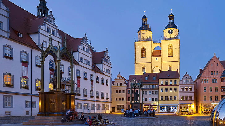 lights, people, home, the evening, Germany, Saxony-Anhalt, market square, Church, Wittenberg, old town hall, HD wallpaper
