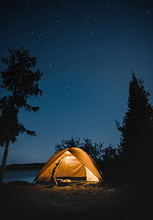 палатка, ночь, кемпинг, звездное небо, путешествия, HD обои HD wallpaper