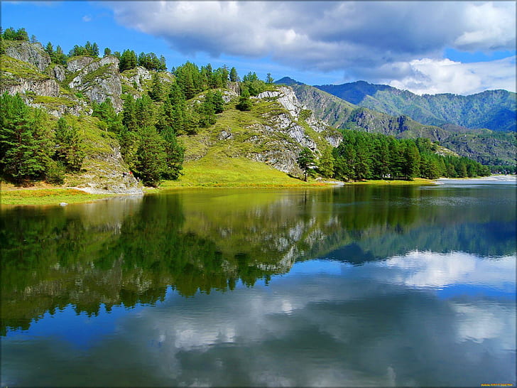 Огледална река, прекрасна, езеро, спокойствие, отражения, езеро, хубаво, бряг, зеленина, красива, дървета, речен бряг, река, HD тапет