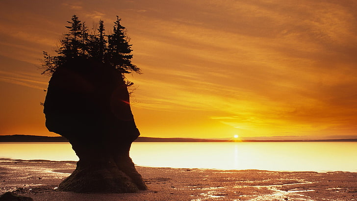 doğa, kaya oluşumu, Kanada, sahil, deniz, turuncu gökyüzü, HD masaüstü duvar kağıdı