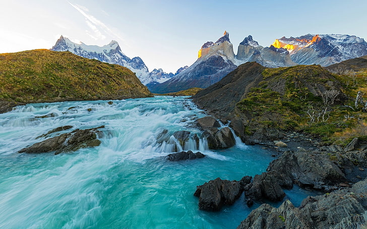 natur, landskap, Chile, berg, solnedgång, flod, forsar, snöig topp, Torres del Paine, turkos, vatten, HD tapet