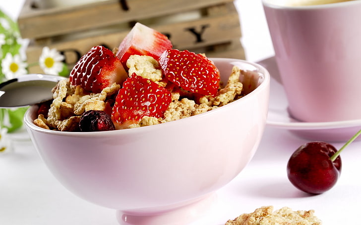 bowl of strawberry, breakfast, flakes, berry, strawberry, HD wallpaper