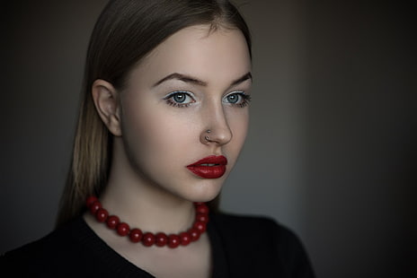 wanita, pirang, mata biru, wajah, hidung menusuk, lipstik merah, potret, kedalaman bidang, Wallpaper HD HD wallpaper