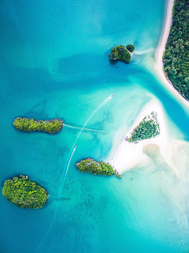 vista aérea de ilhas, água, árvores, tropical, ilha, HD papel de parede, papel de parede de celular