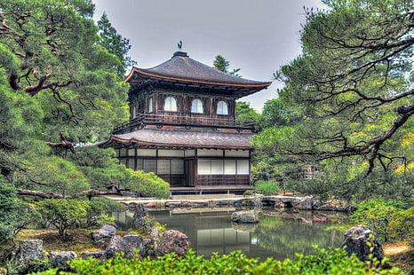 култура, цветя, градини, храм Гинкаку Джи, Гинкакуджи, Япония, японски, Киото, природа, парк, езерце, традиционен, вода, HD тапет HD wallpaper