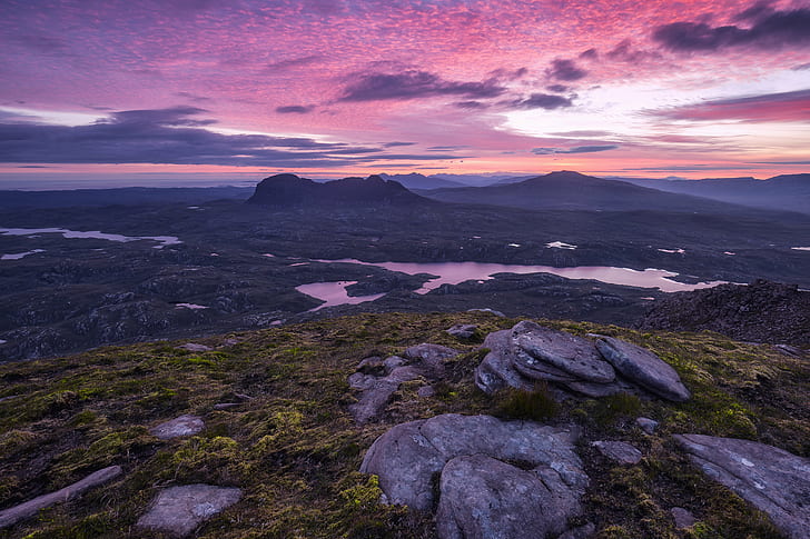 aerial view of mountain with body of water during sunset, suilven, suilven, Sunrise, Suilven, aerial view, mountain, body of water, sunset, Scotland, Highlands  North, North West Highlands, Cul Mor, Landscape, Canon 6D, 35mm, f4, USM, nature, scenics, outdoors, rock - Object, sunrise - Dawn, sky, dusk, HD wallpaper