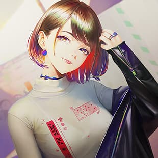 NaBaBa (DeviantArt), gadis anime, karya seni, jaket, Pixiv, Wallpaper HD HD wallpaper