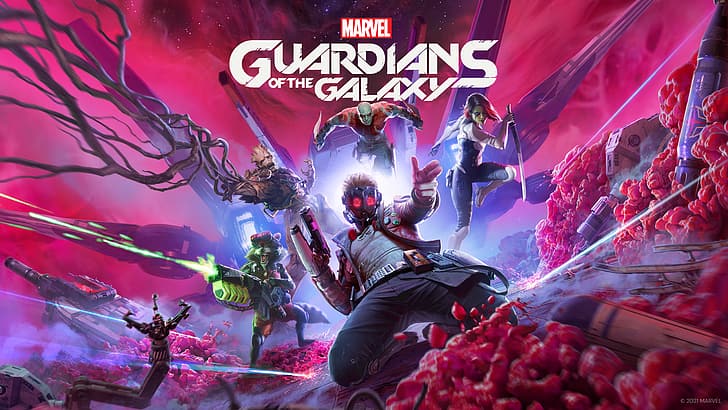 Penjaga Galaxy (Game), Marvel Comics, Star Lord, Gamora, Drax the Destroyer, Groot, Rocket Raccoon, Square Enix, 4K, Wallpaper HD