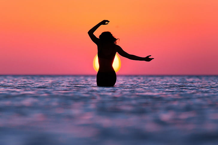 donne, acqua, spiaggia, cielo, tramonto, sagoma, Sfondo HD