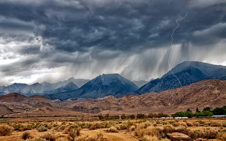 Eastern Sierra, Nevada, mountains, desert, lightning, low angle photography of mountain and clouds, Eastern, Sierra, Nevada, Mountains, Desert, Lightning, HD wallpaper