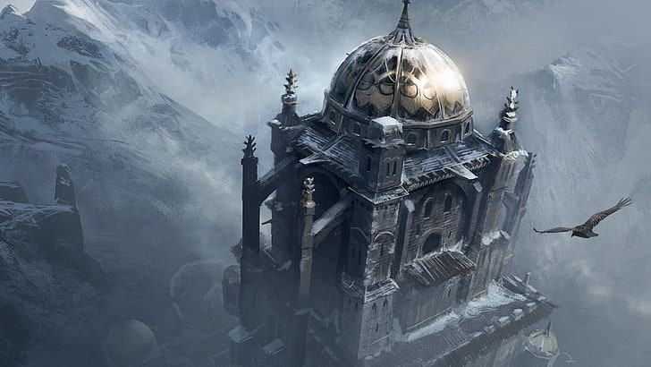 плакат за игра, Assassins Creed, замък, покрив, купол, орел, птица, планини, HD тапет