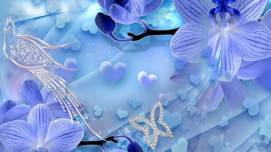Orchideen Juwelen, Orchideen, Broschen, Diamanten, Lavendel, Blumen, Pfau, Herzen, Blau, Schmetterlinge, 3d und abstrakt, HD-Hintergrundbild HD wallpaper