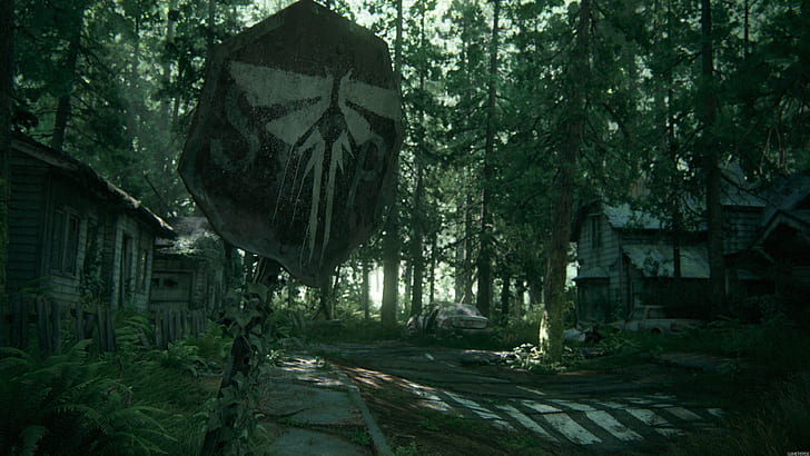 forest, trees, house, sign, art, cicadas, Naughty Dog, The Last of Us Part II, HD wallpaper