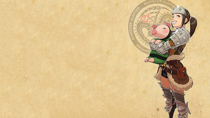 female carrying pig character wallpaper, Monster Hunter, HD wallpaper