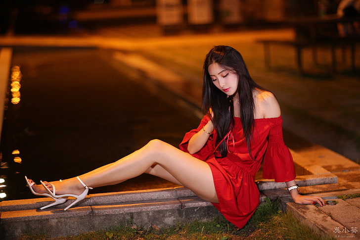 women's red long-sleeved dress, Asian, women, model, brunette, sitting, fountain, water, night, red nails, legs, high heels, dress, bare shoulders, touching hair, women outdoors, HD wallpaper