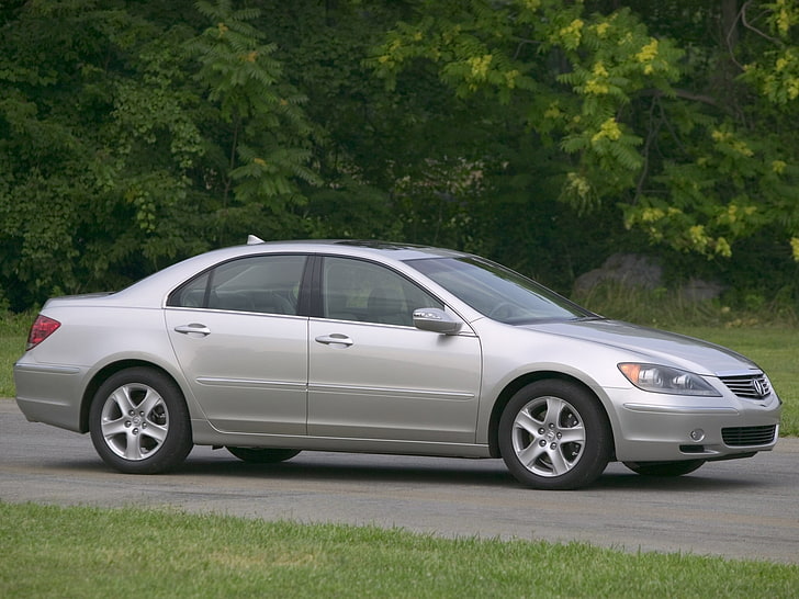 silver sedan, acura, rl, silver, side view, sedan, car, grass, trees, HD wallpaper