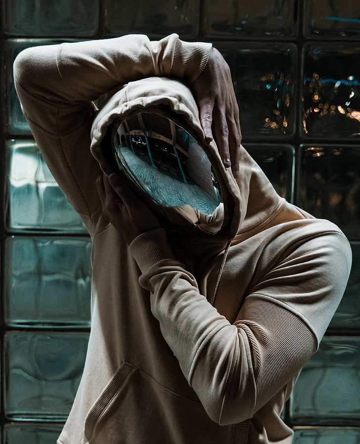 beige pullover hoodie, man, mask, mirror, emptiness, static, HD wallpaper
