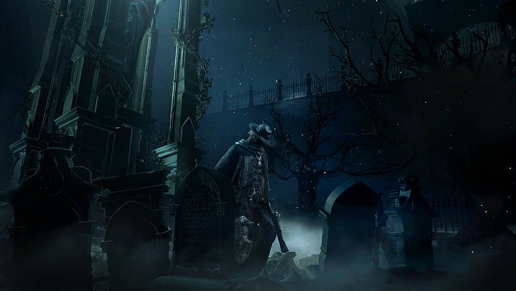 man standing on graveyard game wallpaper, Bloodborne, gameplay, review, screenshot, interface, game, Yharnam, Best Games 2015, Cleric, beast, darkness, fog, HD wallpaper