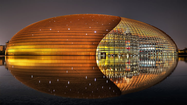 brązowo oświetlony betonowy budynek, architektura, nowoczesny, stadion, Chiny, światła, Tapety HD