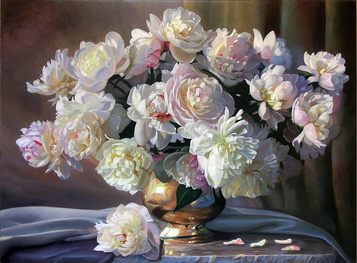 beyaz ve pembe çiçek merkezinde, çiçekler, buket, resim, yaprakları, kumaş, vazo, beyaz, natürmort, şakayık, Zbigniew Kopania, HD masaüstü duvar kağıdı