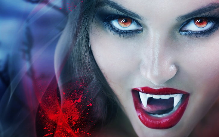 female portrait illustration, model, blood spatter, vampires, juicy lips, red eyes, HD wallpaper