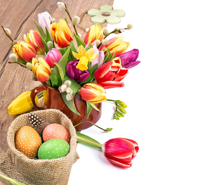 цветя, яйца, пролет, цветни, Великден, лалета, верба, нарциси, рисувани, празник, HD тапет