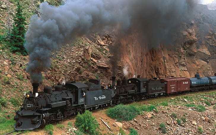 kereta lokomotif uap hitam dan coklat, kereta api, lokomotif uap, tebing, kereta barang, kendaraan, Wallpaper HD