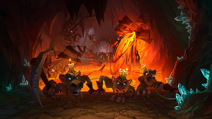 Hearthstone, Warcraft, artwork, digital art, cave, dungeon, underground, kobolds, Hearthstone: Kobolds and Catacombs, video games, candles, lava, pickaxes, HD wallpaper