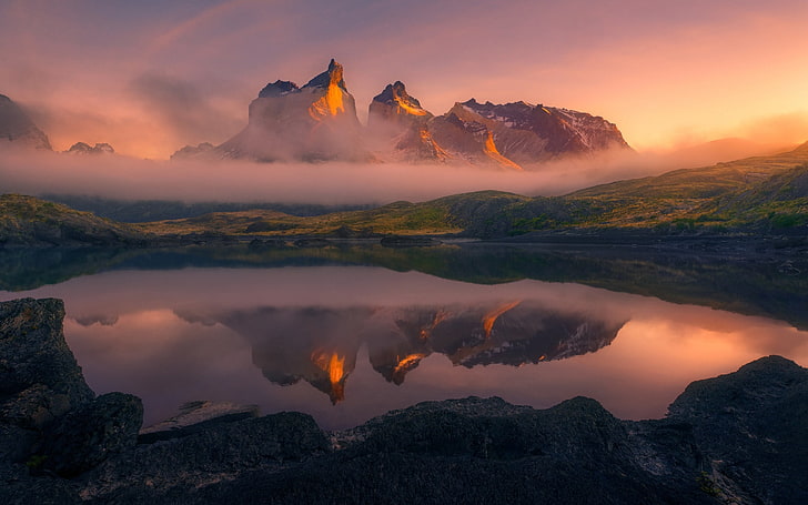 fotografi gunung, kabut, alam, pemandangan, pegunungan, danau, Torres del Paine, refleksi, Chili, musim panas, air, Wallpaper HD
