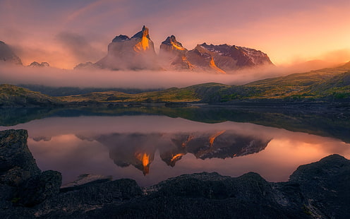 fotografia di montagna, nebbia, natura, paesaggio, montagne, lago, Torres del Paine, riflesso, Cile, estate, acqua, Sfondo HD HD wallpaper
