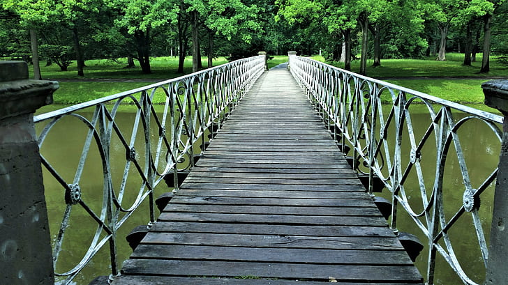 empty pathway with gray metal fence, Karlsaue, empty, pathway, gray, metal, fence, landscape  Park, footpath, bridge - Man Made Structure, nature, wood - Material, tree, outdoors, footbridge, HD wallpaper