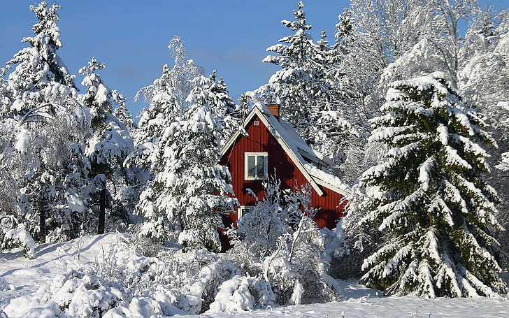 منزل خشبي أبيض وأحمر من طابقين ، نزل ، ثلج ، أشجار ، شتاء ، ثلج ، سقف، خلفية HD