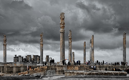 Persepolis HD Wallpaper, grattacieli grigi, Asia, Iran, Città, nuvole, tempestoso, antico, persiano, storia, persepoli, parsa, Sfondo HD HD wallpaper