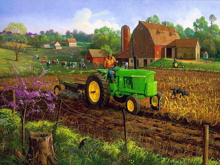 corn, farm, farmhouse, horse, tractor, HD wallpaper