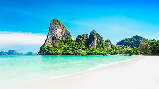 Krabi, Tailandia, tropicale, spiaggia, sabbia bianca, sabbia, cielo blu, Sfondo HD HD wallpaper