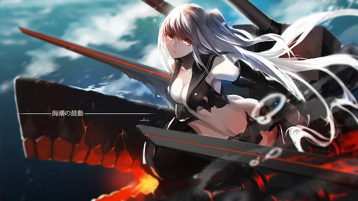 torn clothes, swd3e2, long hair, anime girls, anime, sky, red eyes, clouds, Kantai Collection, Aircraft Carrier Hime, HD wallpaper