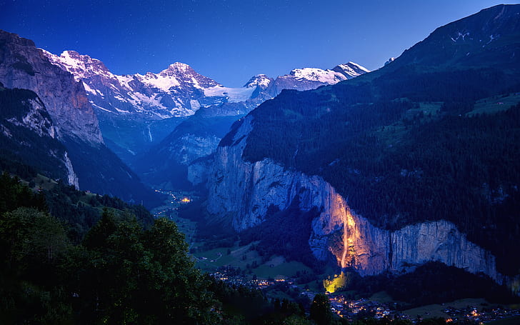 Lembah Lauterbrunnen, pegunungan, bintang, pohon, lanskap, Wallpaper HD