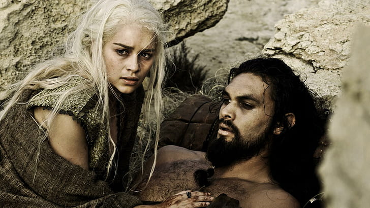 Daenerys Targaryen and Khal Drogo - Game Of Thrones, game of thrones casts, tv shows, 1920x1080, emilia clarke, daenerys targaryen, game of thrones, khal drogo, jason momoa, HD wallpaper