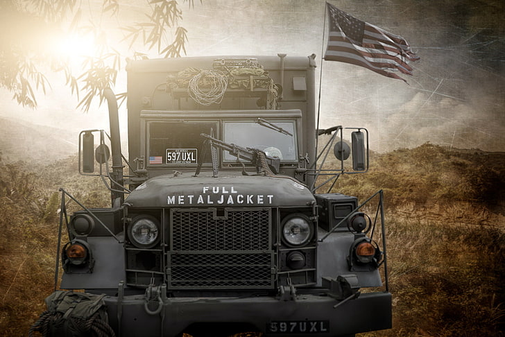 фотошоп, композит, камион на американската армия, пълно метално яке, HD тапет
