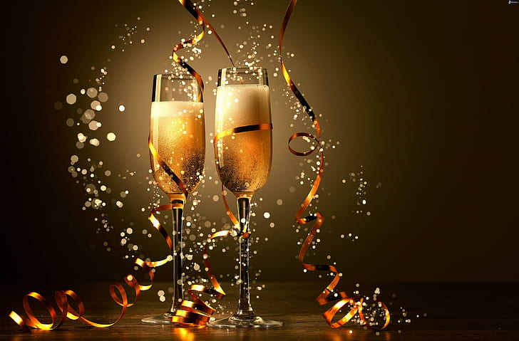 Liburan Natal dan Tahun Baru Champagne Stemware Ribbon, liburan, natal, tahun baru, sampanye, gelas tangkai, pita, Wallpaper HD