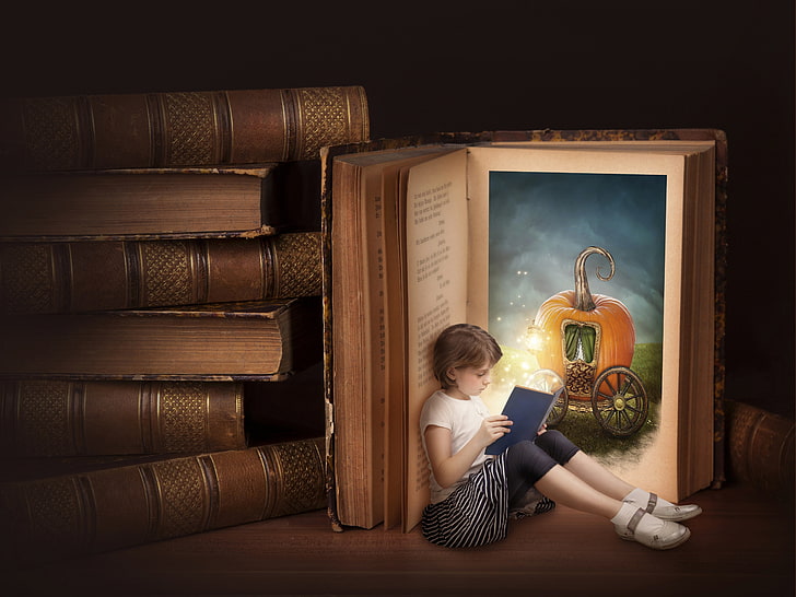 brown educational books, books, Alice, girl, pumpkin, coach, reading, HD wallpaper