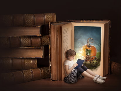brown educational books, books, Alice, girl, pumpkin, coach, reading, HD wallpaper HD wallpaper