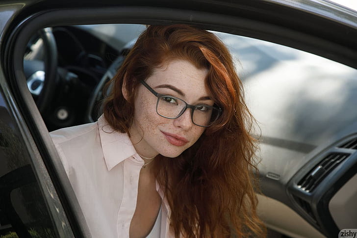 Sabrina Lynn, face, redhead, car, zishy, HD wallpaper