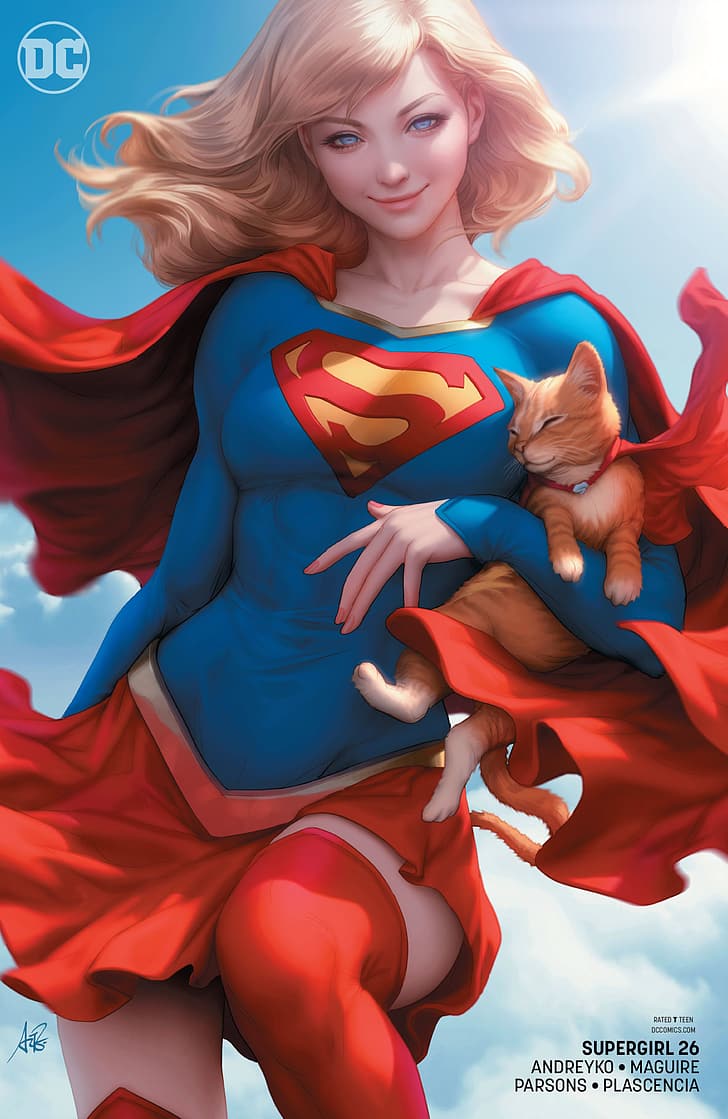 Supergirl, DC Comics, pahlawan super, pahlawan super, pirang, karya seni, kucing, poster, Wallpaper HD, wallpaper seluler