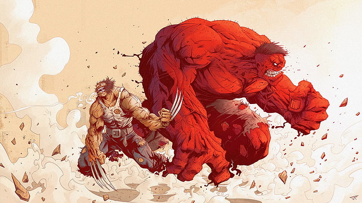 Illustration de Hulk rouge et du carcajou, bandes dessinées Marvel, Wolverine, oeuvre de peinture, X-Men, The Avengers, Hulk, Fond d'écran HD