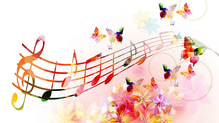 蝶の羽のメロディー、蝶の壁紙、パピヨン、泡、花、明るい、音楽、花、カラフルな蝶、楽器、花の音符、 HDデスクトップの壁紙