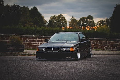 svart BMW-bil, Road, BMW, oldschool, 3-serie, E36, Stance, HD tapet HD wallpaper