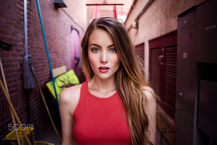 girl, long hair, brown hair, photo, photographer, blue eyes, model, bokeh, lips, face, brunette, red top, portrait, mouth, makeup, close up, tank top, lipstick, looking at camera, depth of field, straight hair, bare shoulders, looking at viewer, April Slough, April Alleys, Robert Stebler, HD wallpaper