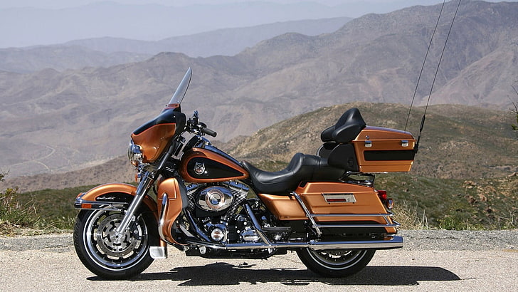 brown and black touring motorcycle, harley davidson, motorcycle, bike, view, HD wallpaper